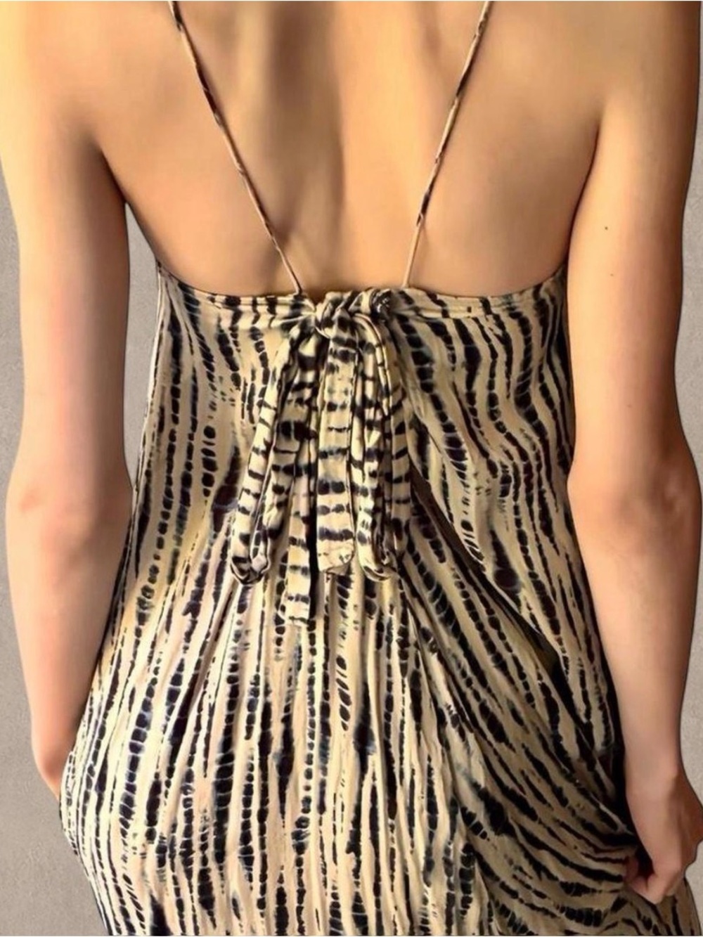 Zara Beige and Blue Tie-Dye Printed V-Neck Open Back Spaghetti-Strap Midi Dress